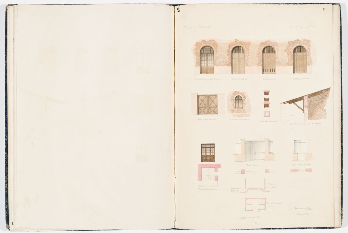 Detail drawings for doors, gates, a chimney, and a window, with plans for the gates and a stairwell, and a plan and section for the latrines of the municipal slaughterhouse