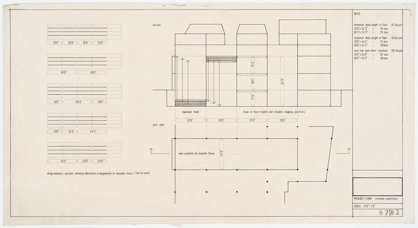 Sections and plan showing extreme conditions for movable floors: Oxford Corner House, London, England