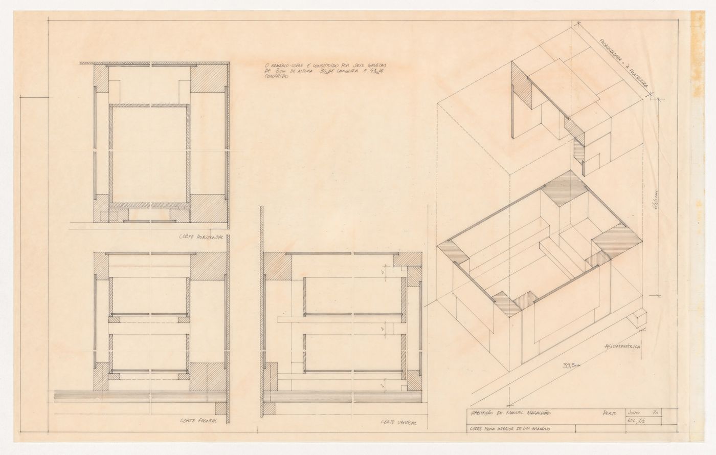 Sections and axonometric for safe for Casa Manuel Magalhães, Porto