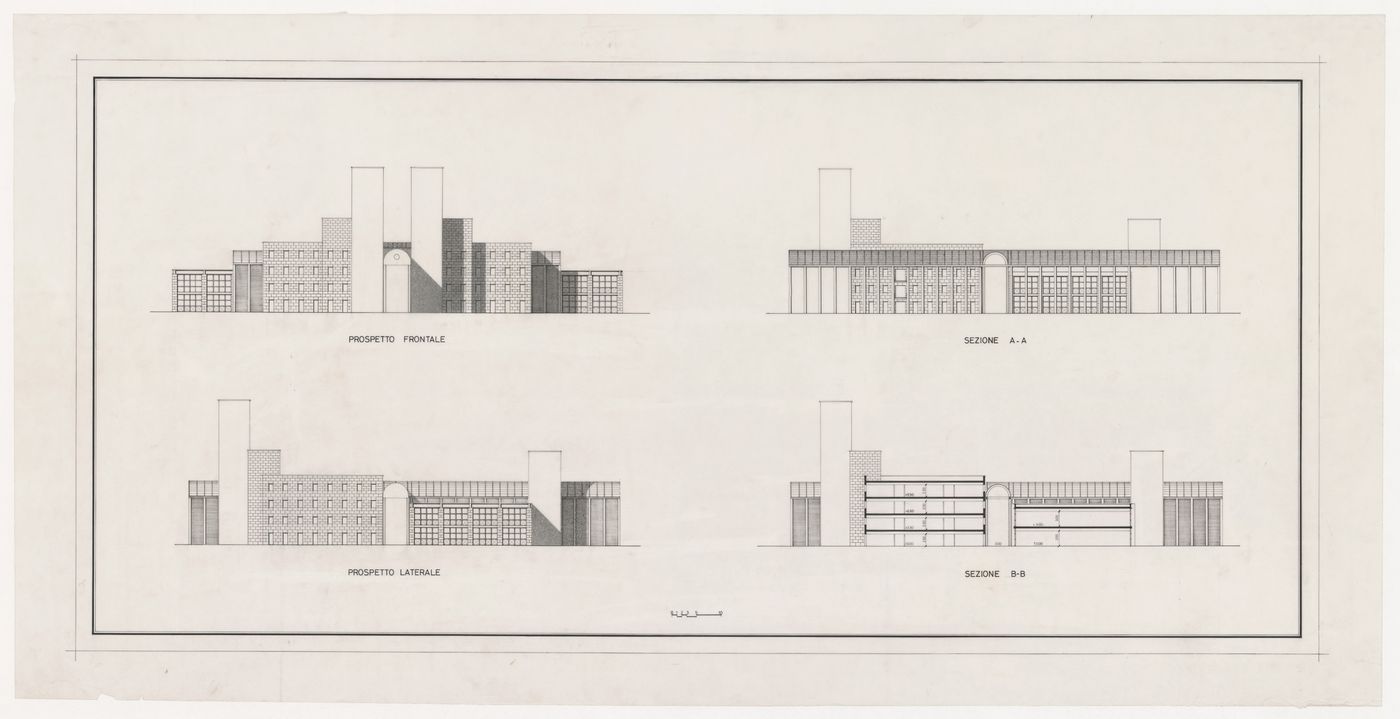 Elevations and sections for Fabbrica attrezature ospedaliere a Sysran, Soviet Union (now Russia)