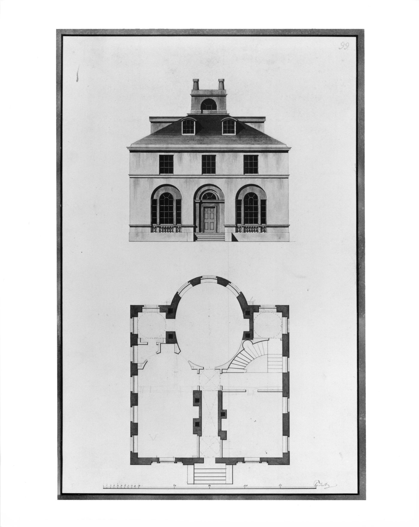 Design for a house - front elevation and plan