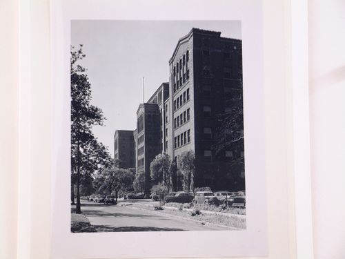 Oblique view of principal façade of the Brush Street Wing, Harper Hospital (now the Harper University Hospital), Brush Street, Detroit, Michigan