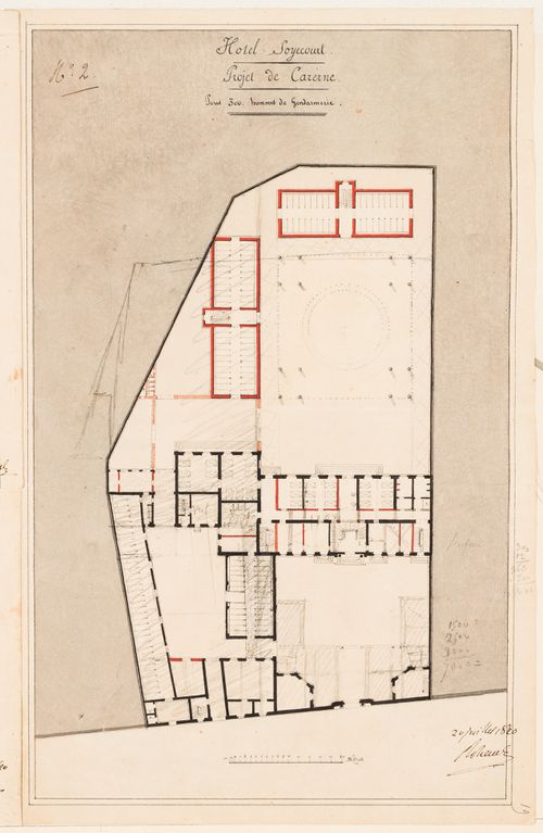Project for the conversion of Hôtel Soyécourt, Paris, into barracks to house 300 gendarmes: Ground floor plan
