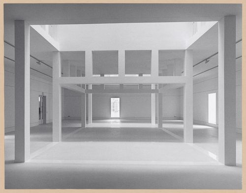 Interior view of the Deutsches Architekturmuseum [German Architecture Museum] showing the girders of the first storey of the House-in-House, light wells and exhibition areas, Schaumainkai 43, Frankfurt am Main, Germany