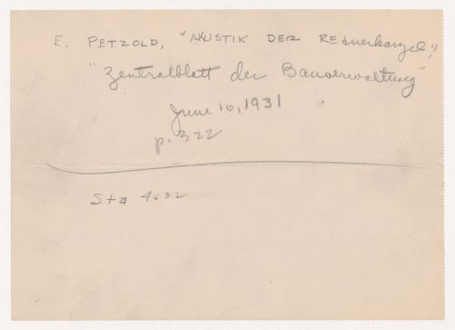 Bibliographic reference to a technical book, possibly for the auditorium for Museum for a Small City