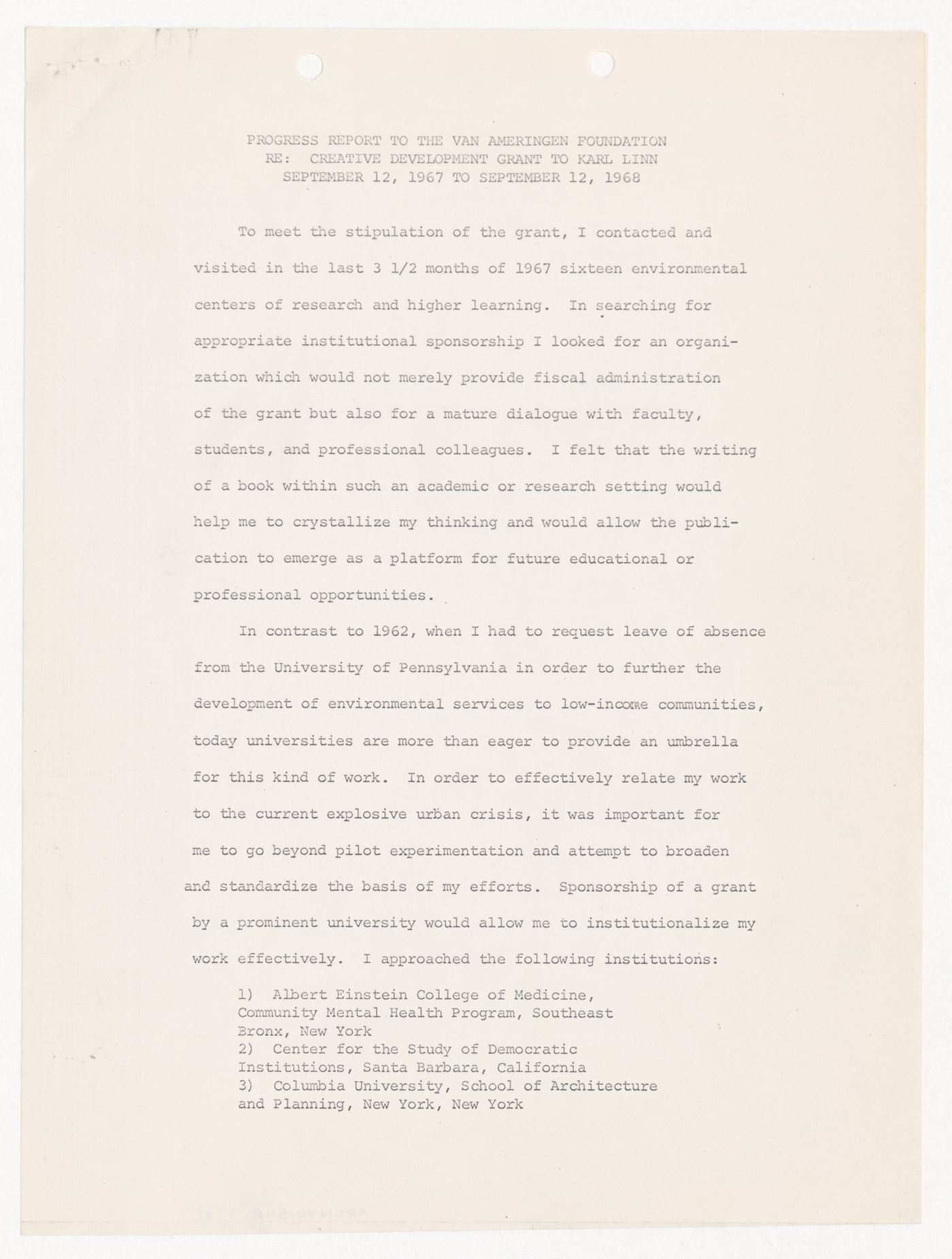 Progress report to the Van Ameringen Foundation by Karl Linn