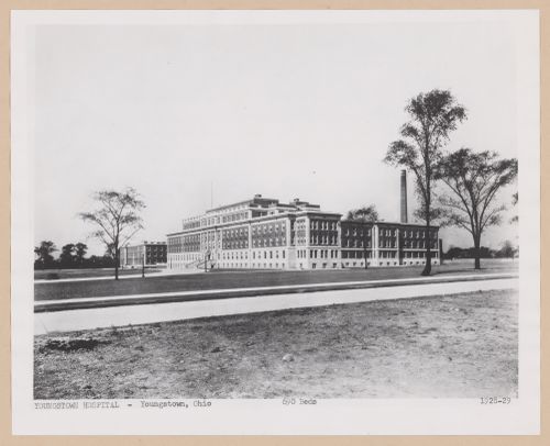 View of the principal and lateral façades of the Youngtown Hospital from across the street [?], Youngtown, Ohio