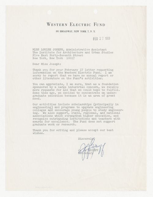 Letter from J. J. Grieff to Louise Joseph about funding from the Western Electric Fund