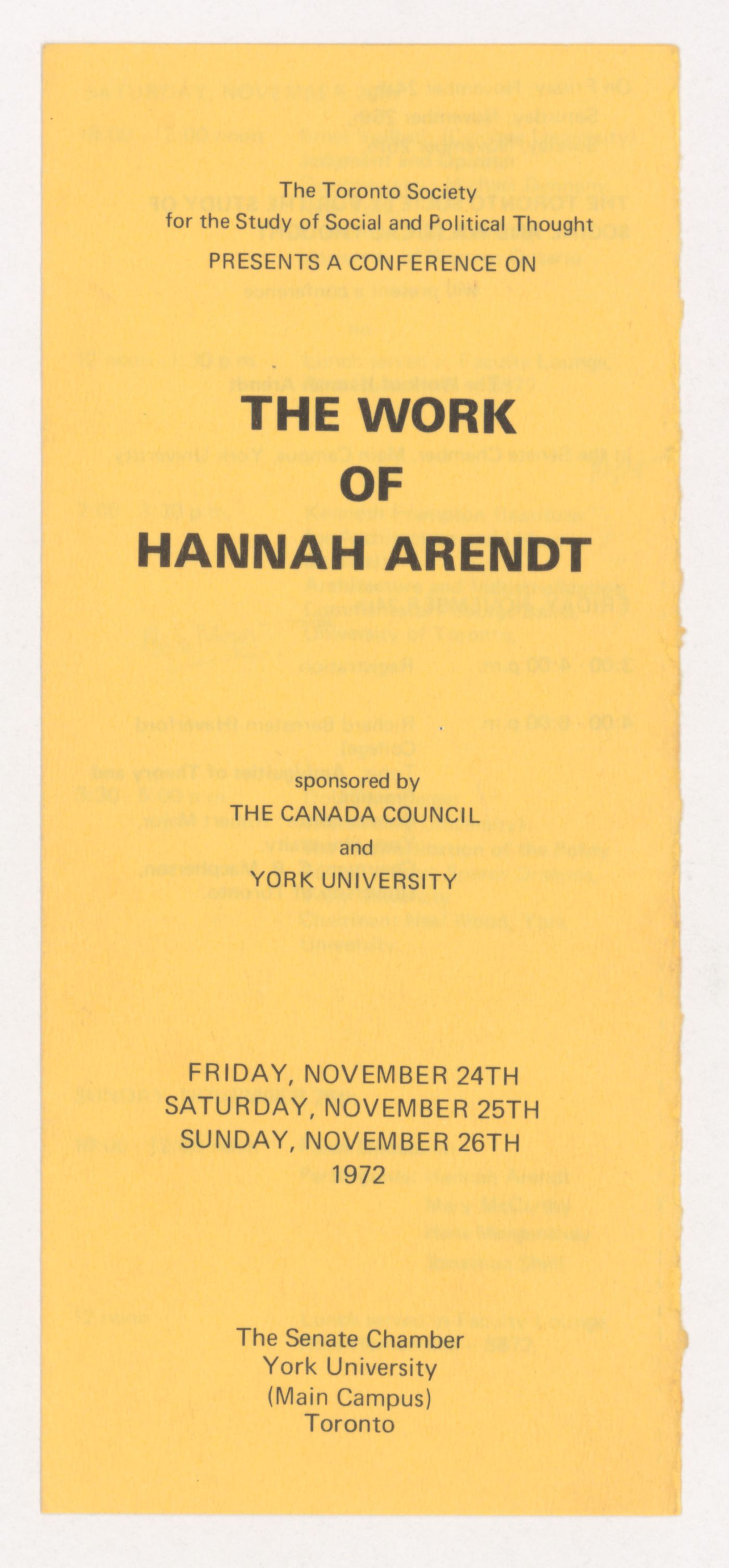 "The Work of Hannah Arendt", conference program, Toronto, Canada