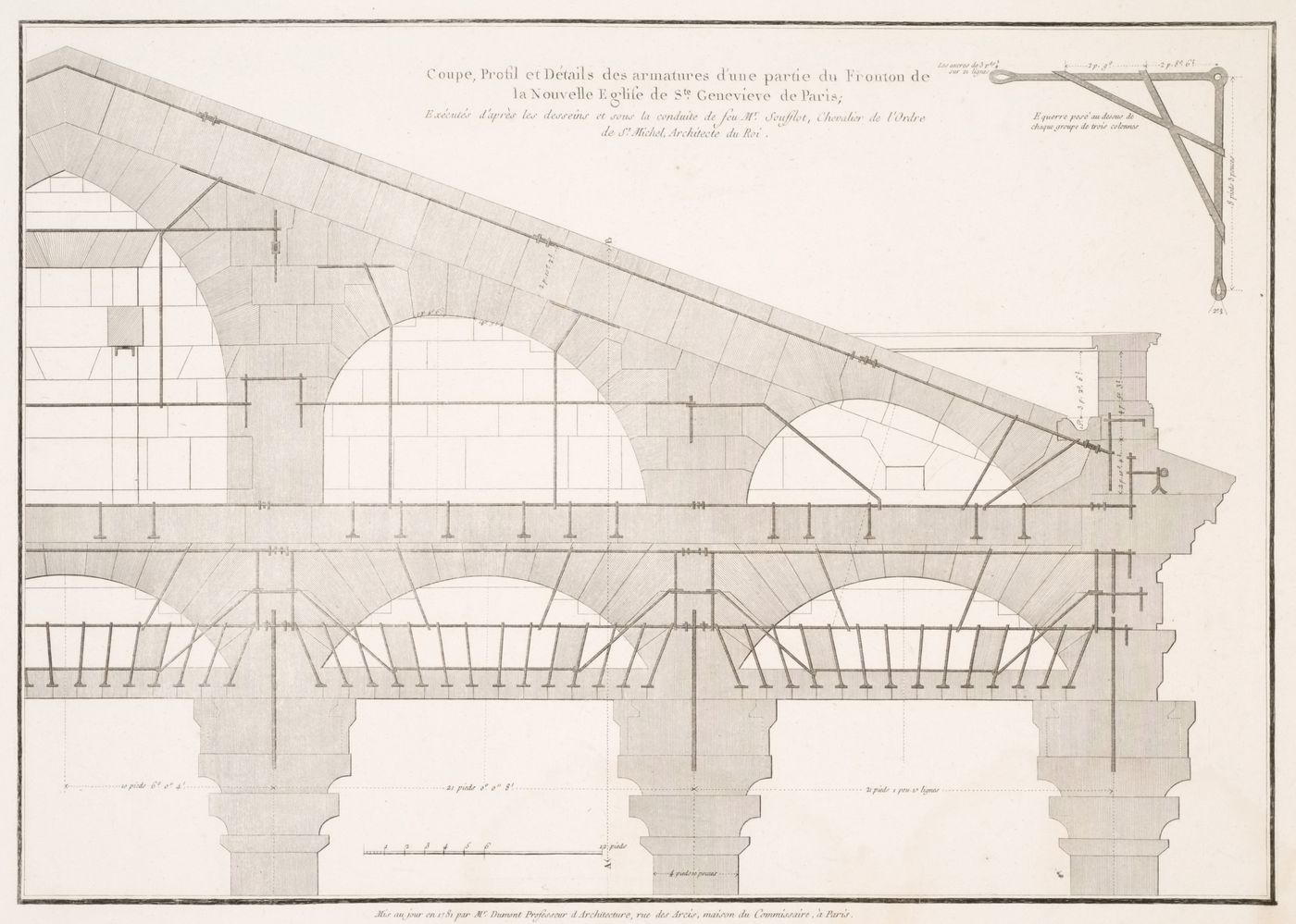 Église Sainte-Geneviève : Coupe, profil et détails des armatures d'une partie du fronton