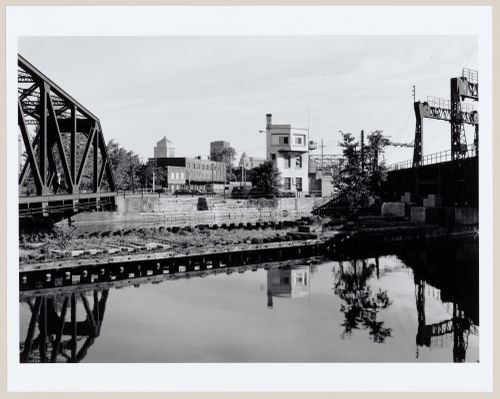 View of the Canadian National Port Bridge and the Canadian National Wellington Bridge and its control tower from the south bank of Lachine Canal, Montréal, Québec