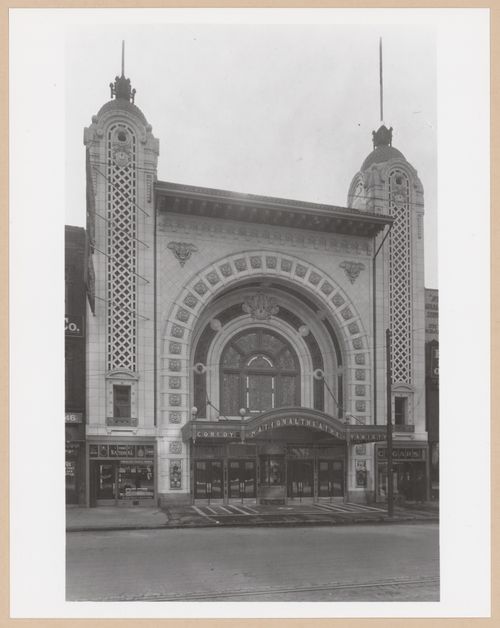 View of the principal façade of the National Theatre (now abandoned), Monroe Street, Detroit, Michigan