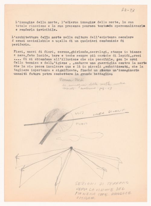 Textual document with sketches for Modena cemetery competition, Modena, Italy