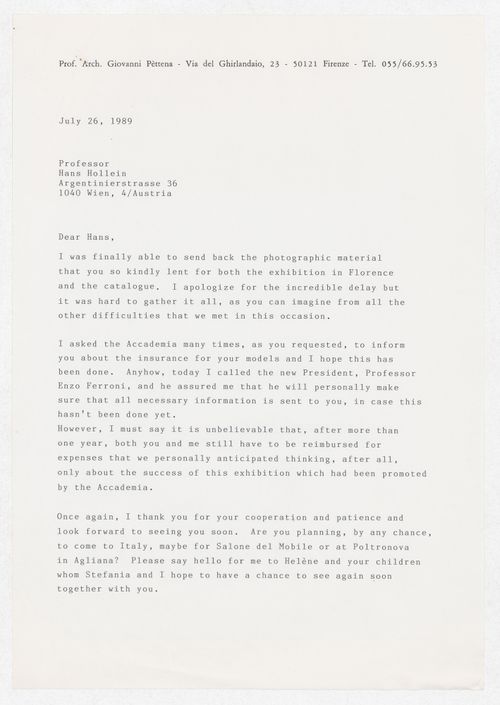 Correspondence from Gianni Pettena to Hans Hollein for the exhibition Hans Hollein. Opere 1960-1988