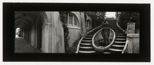 View of the fountain and steps below the Green Garden with the swimming pool loggia on the left, Dumbarton Oaks, 1703 32nd  Street North West, Washington, D.C.