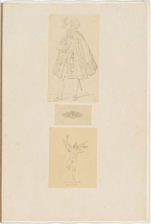 Drawing of Napoleon with a plumed hat, cape, and jacket; Drawing of a decorative wreath with two pairs of eagle wings; Drawing of the "Genie de la Liberté" from the Colonne de Juillet, Paris