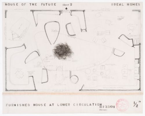 Plan for the middle level showing the arrangement of the furniture, House of the Future, Daily Mail Ideal Homes Exhibition, London, England