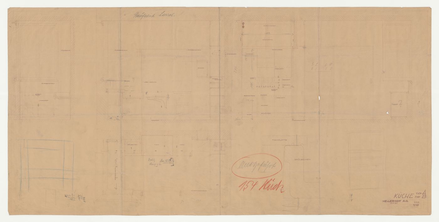 Plan, elevations and a sectional detail for a kitchen for type A and type B housing units, Hellerhof Housing Estate, Frankfurt am Main, Germany