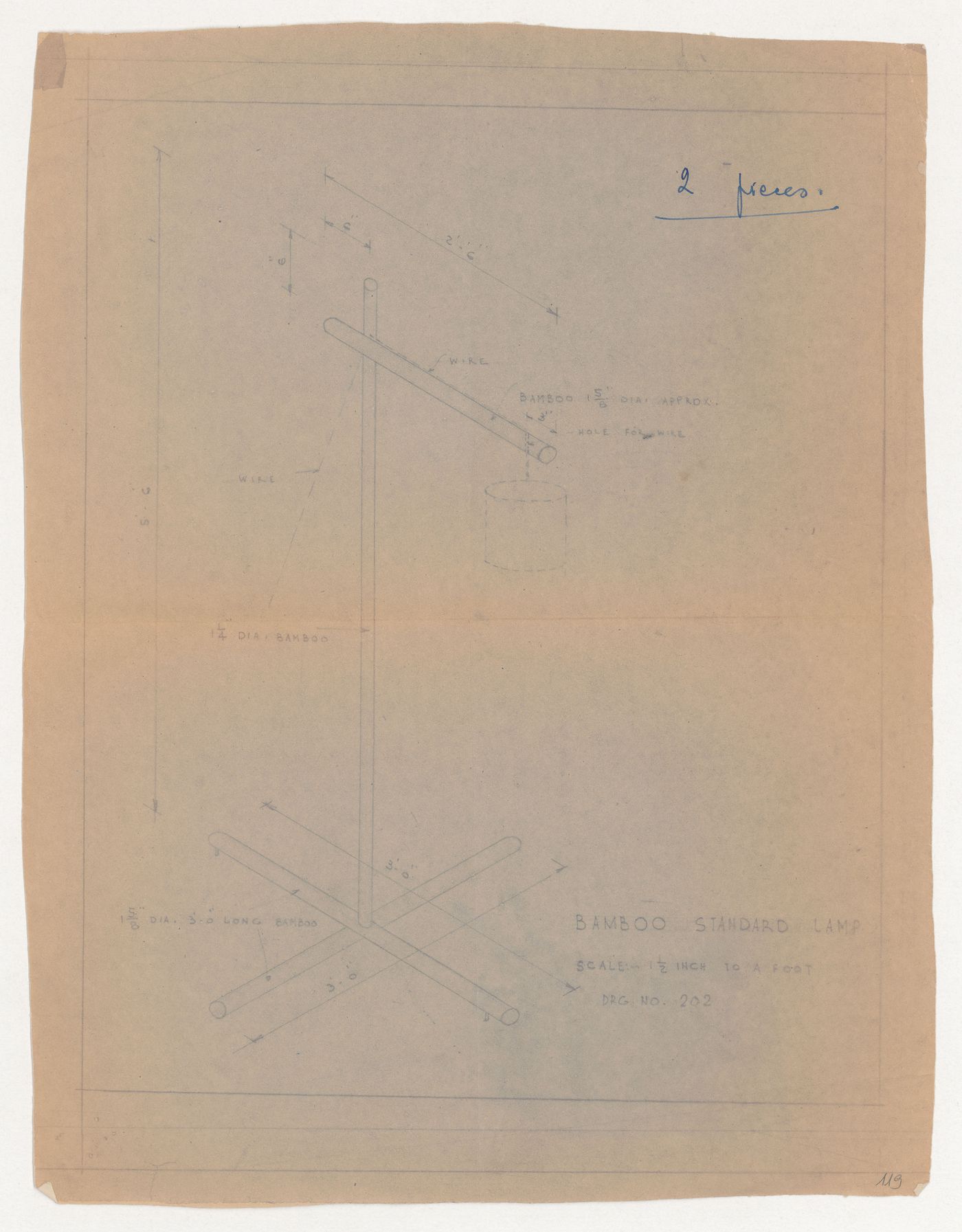 Axonometric view of a bamboo standard lamp; verso: sketches