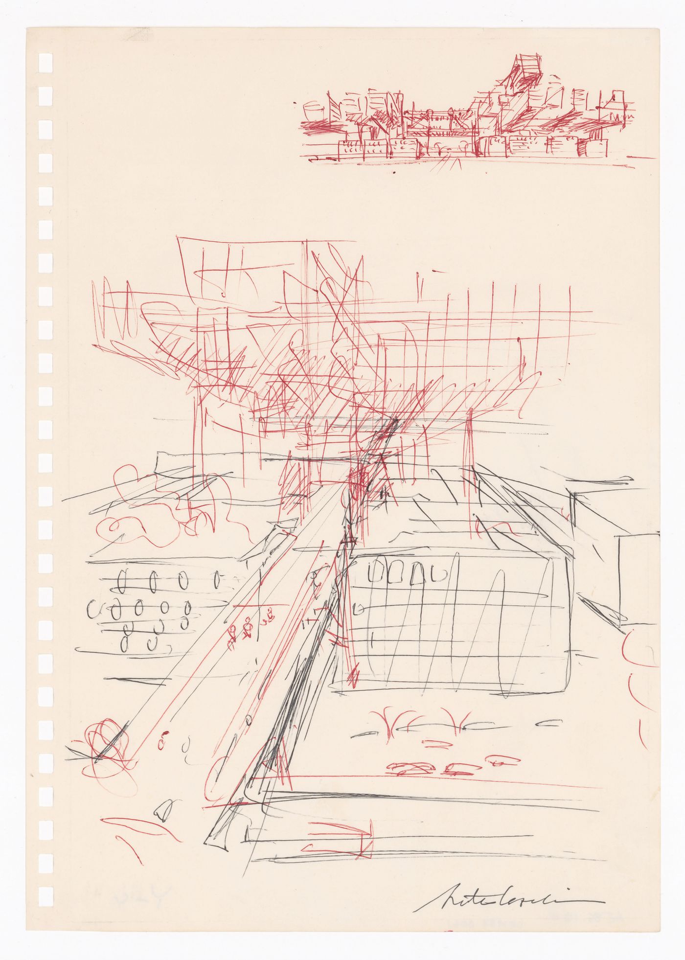 Sketch for an urban structure raised on pylons, possibly for the Marunouchi Project, Tokyo