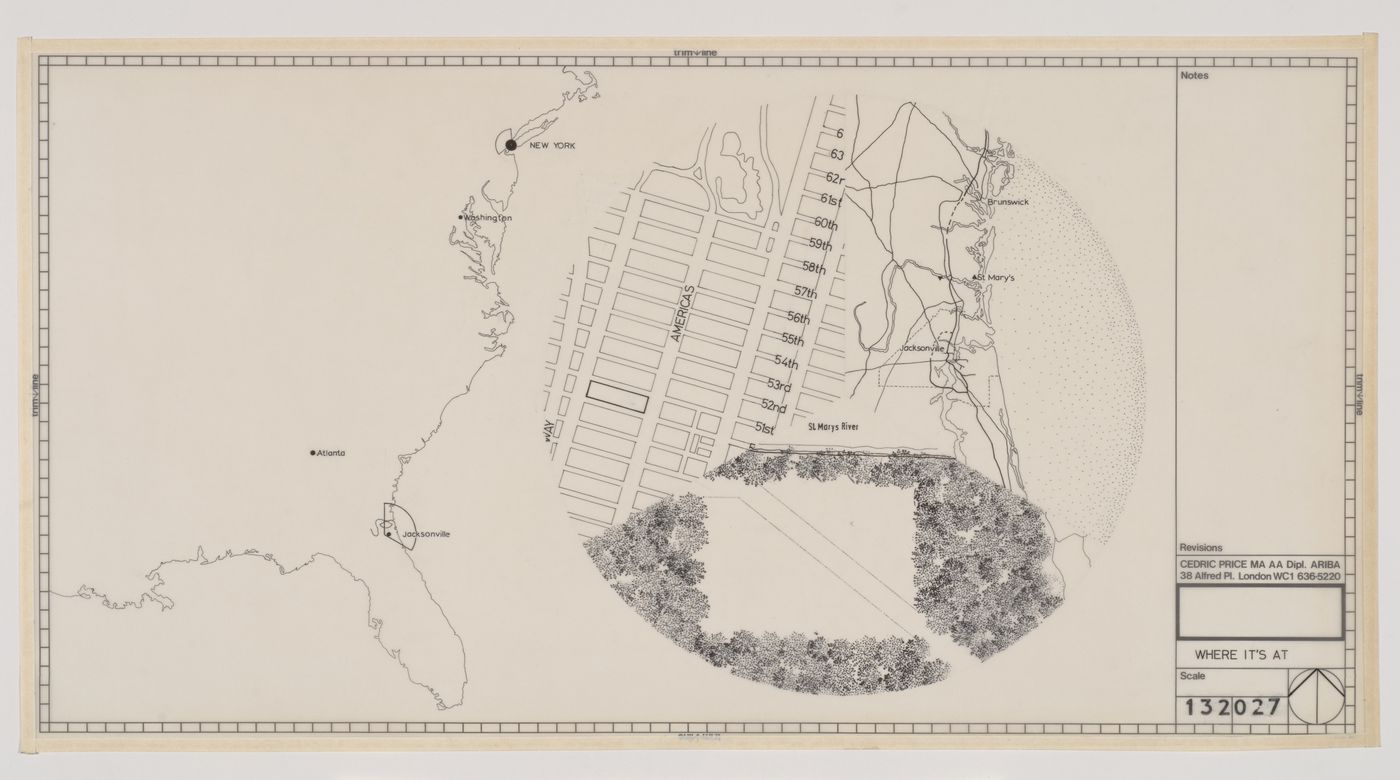 Site plan for Generator, Yulee, Florida, with a map of the East Coast of the United States and inset maps of Manhattan and the area around Jacksonville, Florida

