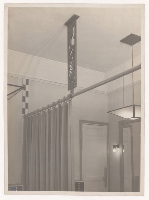 Detail view of the Muelle et Rossignol costume gallery, showing changing area curtains, Paris, France
