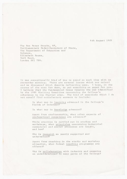Correspondence from Lionel March to Peter Brooke regarding pedagogy and advancement at the Royal College of Art, London