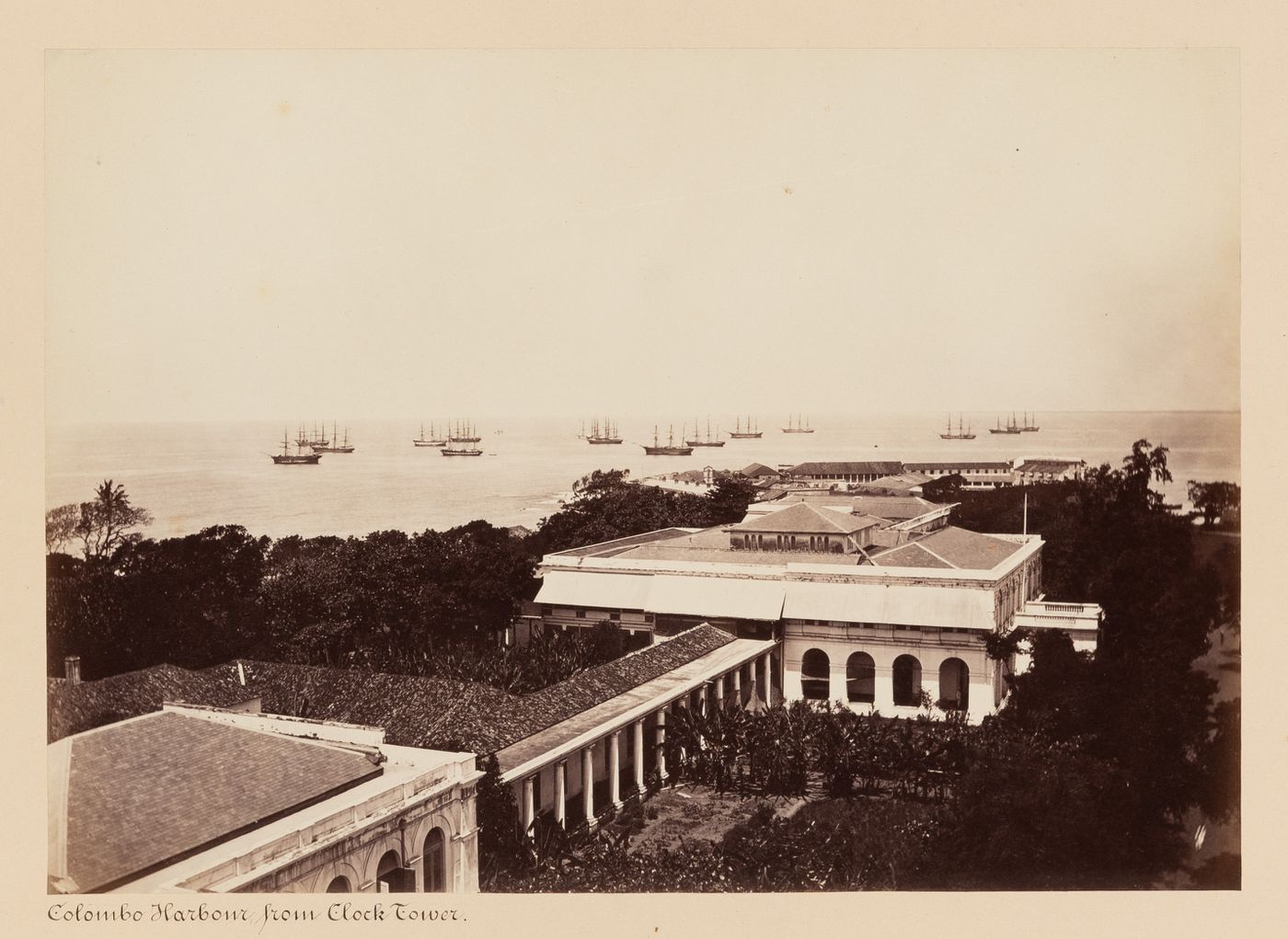 View of the harbour from the clock tower and lighthouse with the Queen's House in the foreground, Colombo, Ceylon (now Sri Lanka)