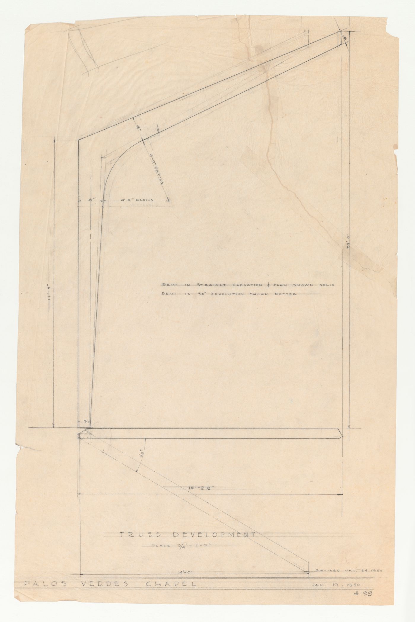 Wayfarers' Chapel, Palos Verdes, California: Elevation and plan for chapel trusses
