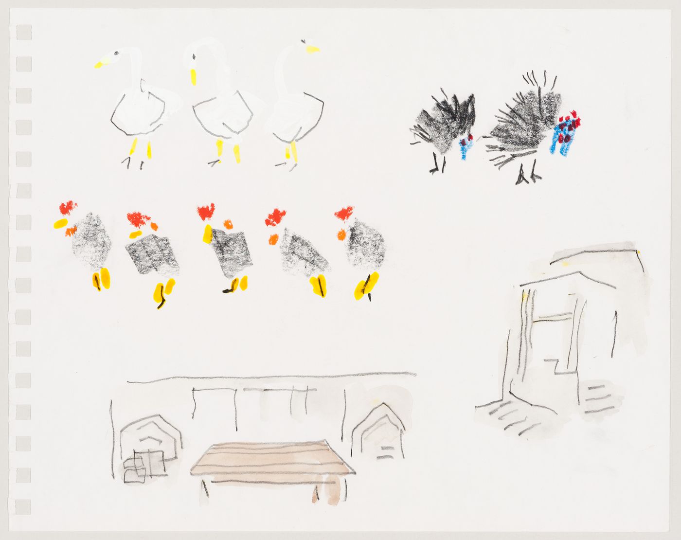 Sketches of geese, turkeys, chickens and two structures