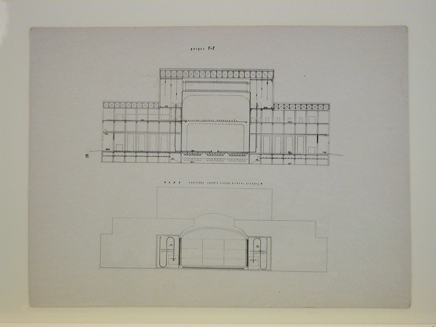 Photograph of a plan and section for a Red Army Theater, Moscow