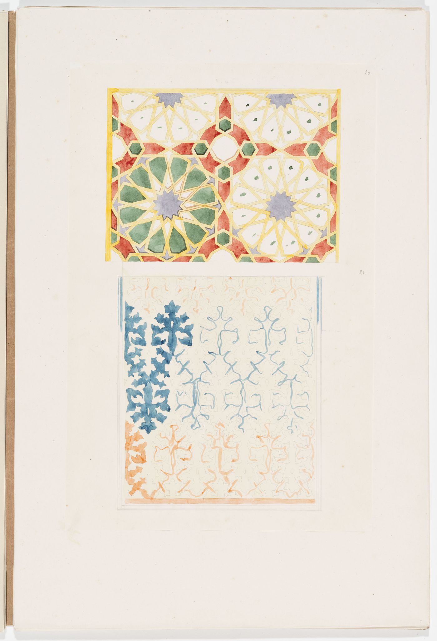 Ornament drawing of a panel decorated with geometric shapes and interlacing lines, probably Islamic, and a panel decorated with foliage