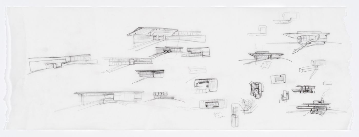 House of Hurricane Lake, Haliburton, Ontario: Sketch elevations, plans and perspectives