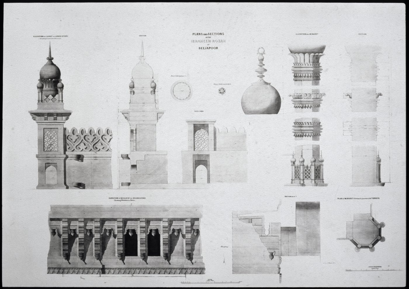 Photograph of plans, elevations and sections of minarets and mouldings of the Mausoleum of the Ibrahim Rauza, Beejapore (now Bijapur), India