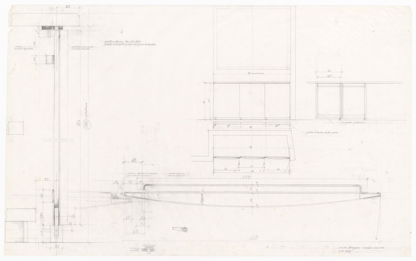 Sections and furnishings details for Casa Dragone e Paggi, Milan, Italy