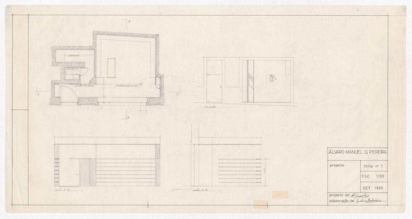 Plan, sections and elevation for Loja Marlã, Matosinhos, Portugal