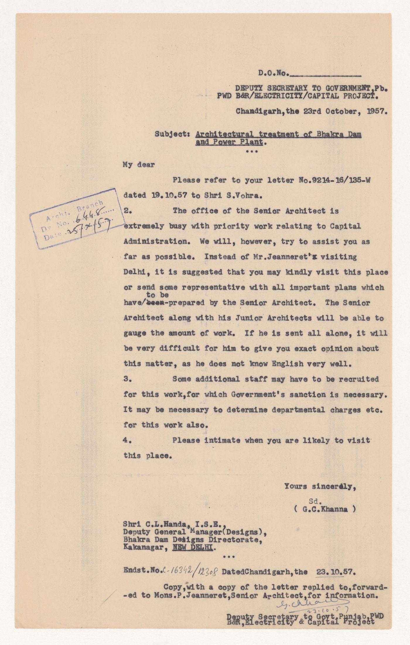 Copy of a letter from G.C. Khanna to C.L. Handa sent to Pierre Jeanneret relatively to the Bhakra Dam, India