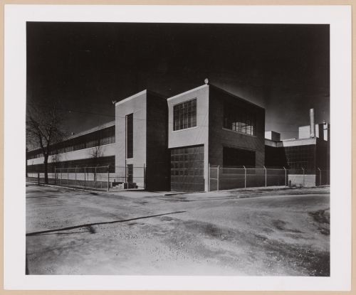 View of the principal and lateral façades of the Administration Building and Assembly Building, Fairchild Corporation Ranger Aircraft Engines division Assembly Plant, Farmingdale, New York