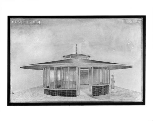 Competition drawing showing a perspective for railroad shelter with telephone booth, possibly for the Vereniging voor Vreemdelingen Verkeer (VVV) [Netherlands Tourist Information Office], Netherlands