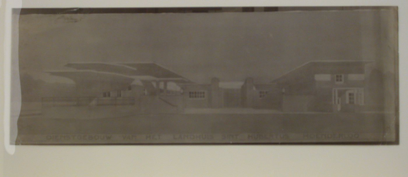 Photograph of a rendering for the principal façade of the Dienstgebouw [Service ? Building] from Landhuis Sint Hubertus [Villa Saint Hubertus], Nationaal Park de Hoge Veluwe, Hoenderloo, Netherlands