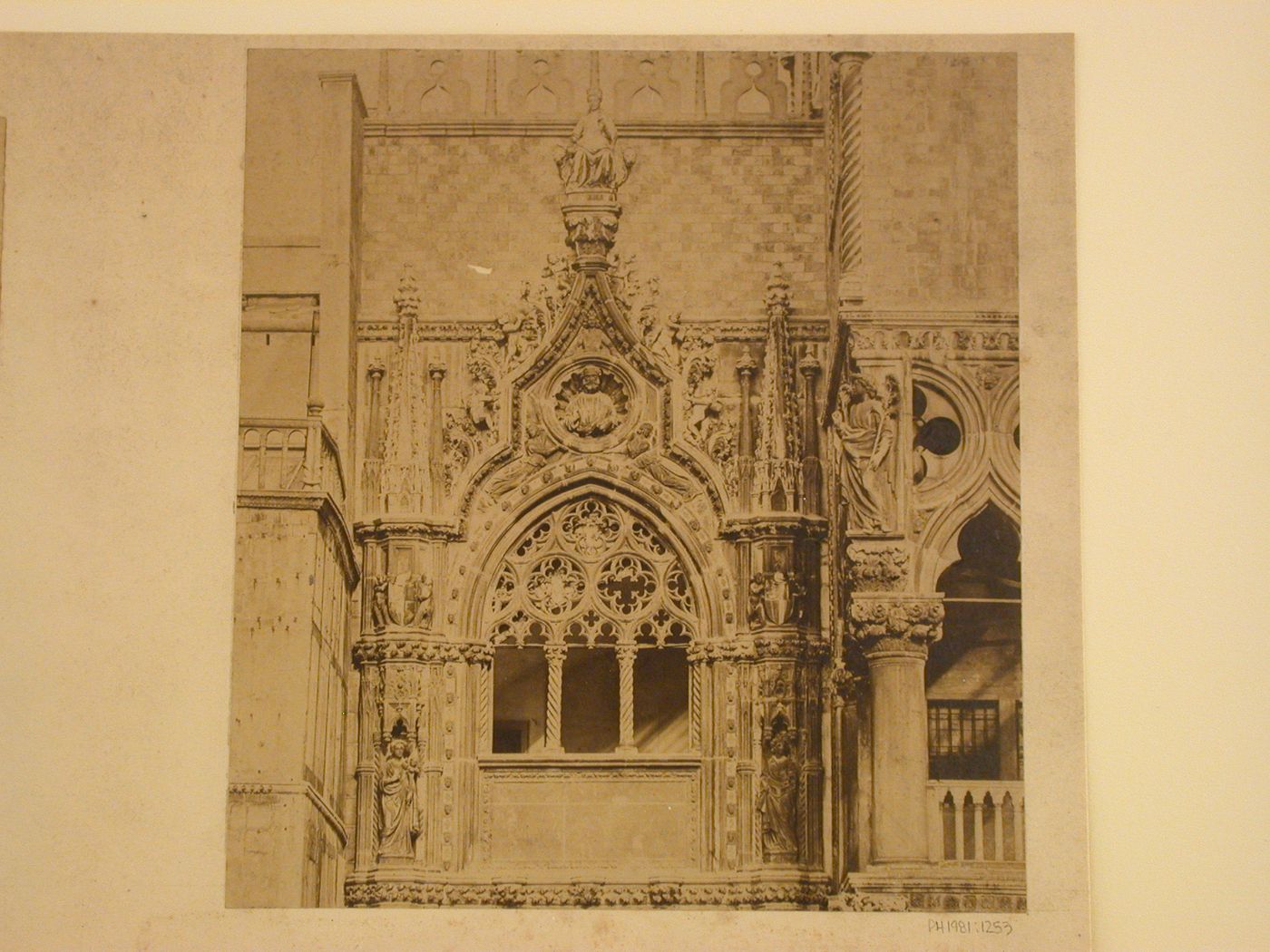 Close-up view of the upper portion of the Porta della Carta, Palazzo ducale, Venice, Italy