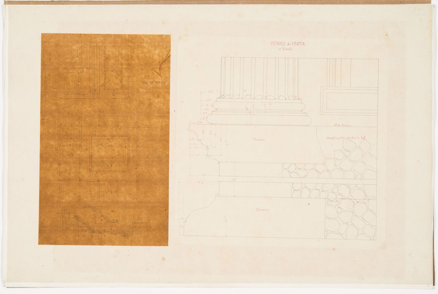 Elevations and profiles showing coffers from the soffit of the Arch of Titus, Rome; Partial elevation of the podium from the Temple of the Sibyl, Tivoli, showing some details of the rubblestone