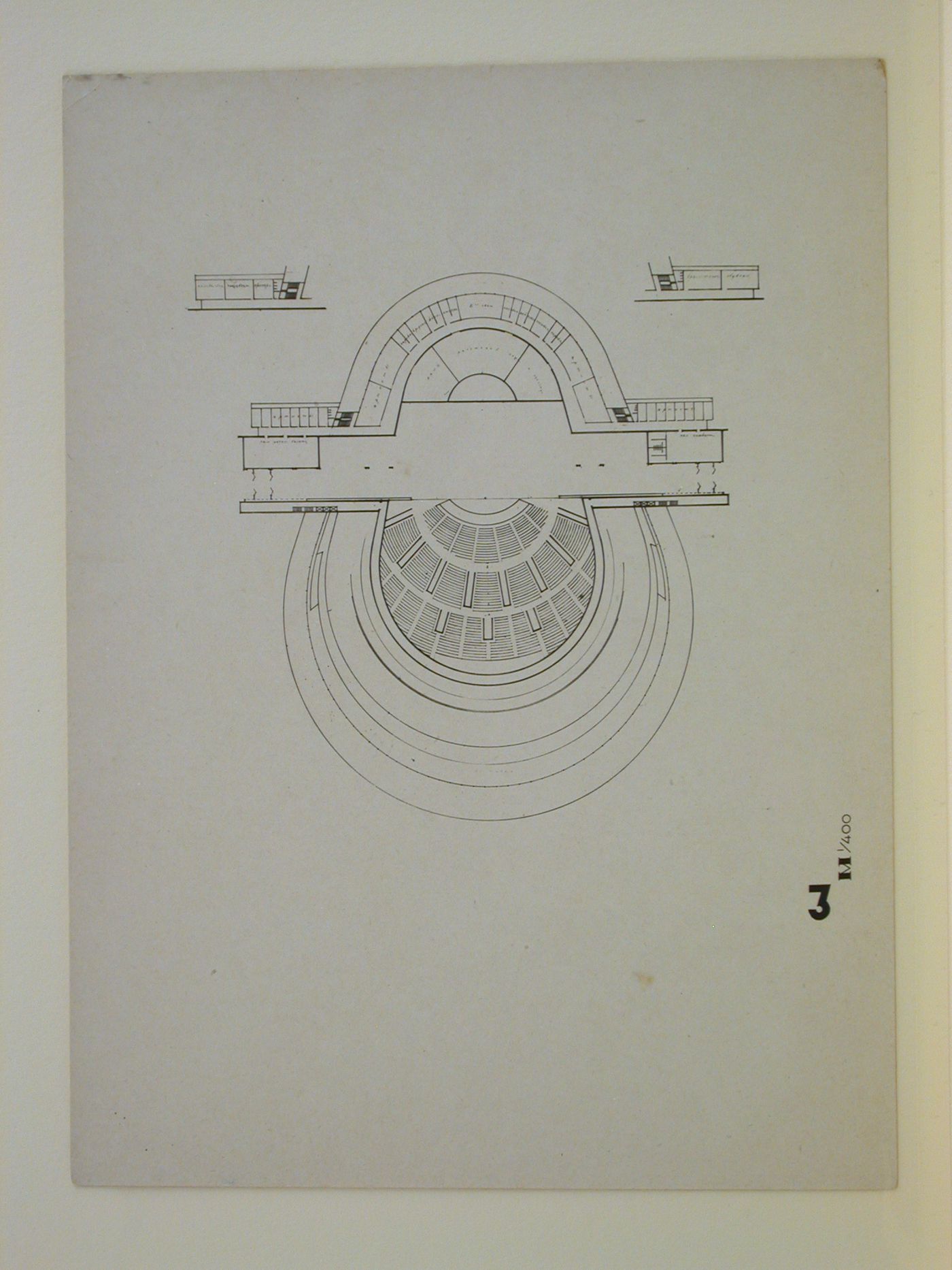 Photograph of a plan for the first round of competition for a "synthetic theater" in Sverdlovsk, Soviet Union (now Ekaterinburg, Russia)