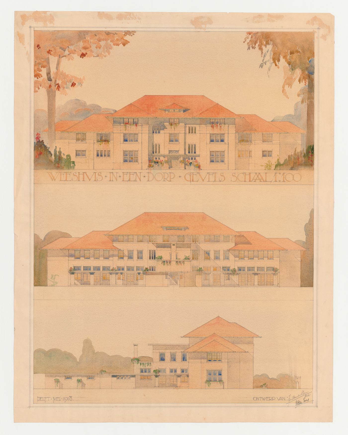 Student presentation drawing showing the principal, rear, and lateral elevations for a village orphanage, Technische Hogeschool Delft, Netherlands