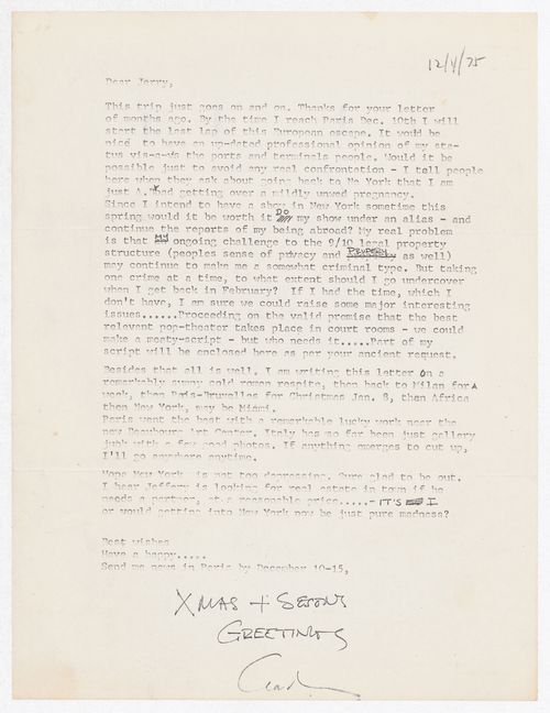 Letter from Gordon Matta-Clark to Jerry [Jerald Ordover]