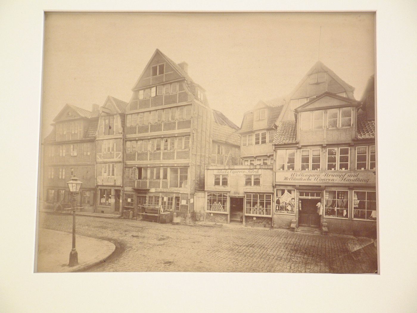 View of businesses and residences on street, Hamburg, Germany