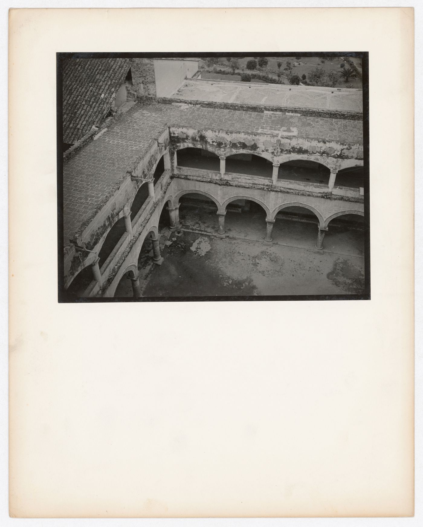 Aerial view of a courtyard showing arcades, Catedral de Cuernavaca, Cuernavaca, Mexico