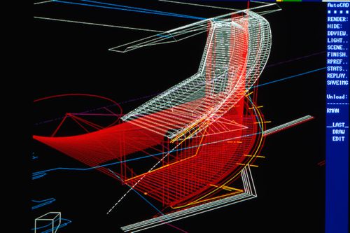 Screen capture of an AutoCAD file of a wire-frame model of the stairs at the bridge landing for Erasmus Bridge