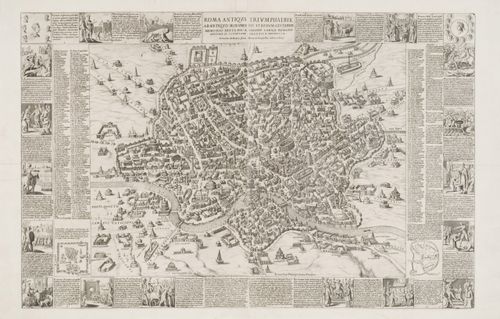 A reconstruction of ancient Rome, with a history of Rome told in vignettes around its border