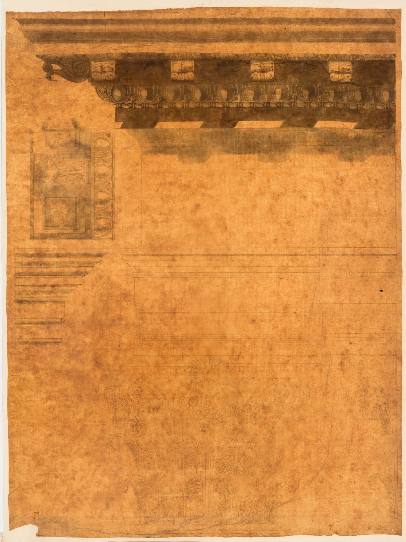 Partial elevation of a Corinthian capital and entablature with a profile of the architrave and a reflected ceiling plan